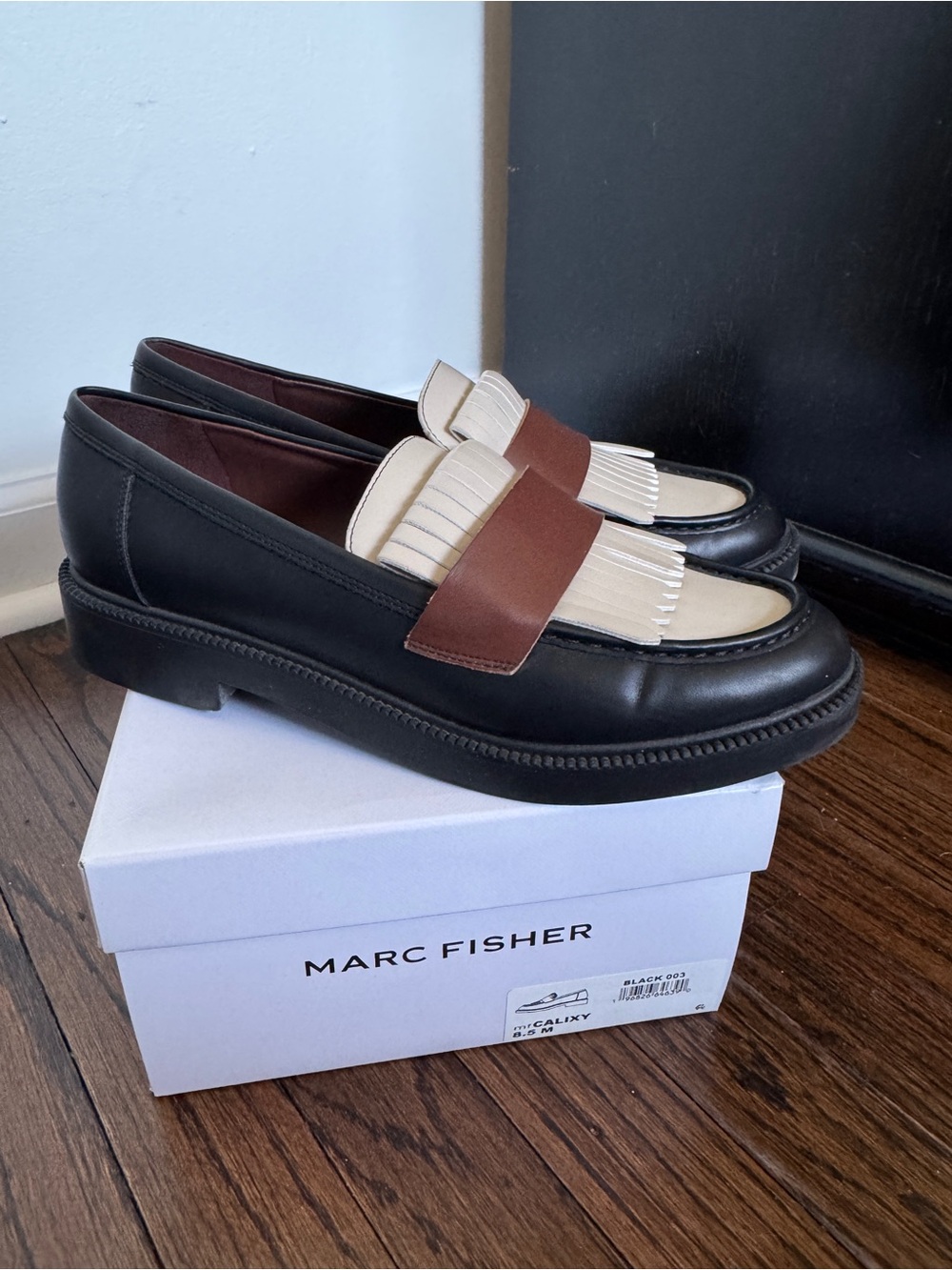 Marc Fisher Black and Cream Leather Kiltie Loafers with Brown Strap